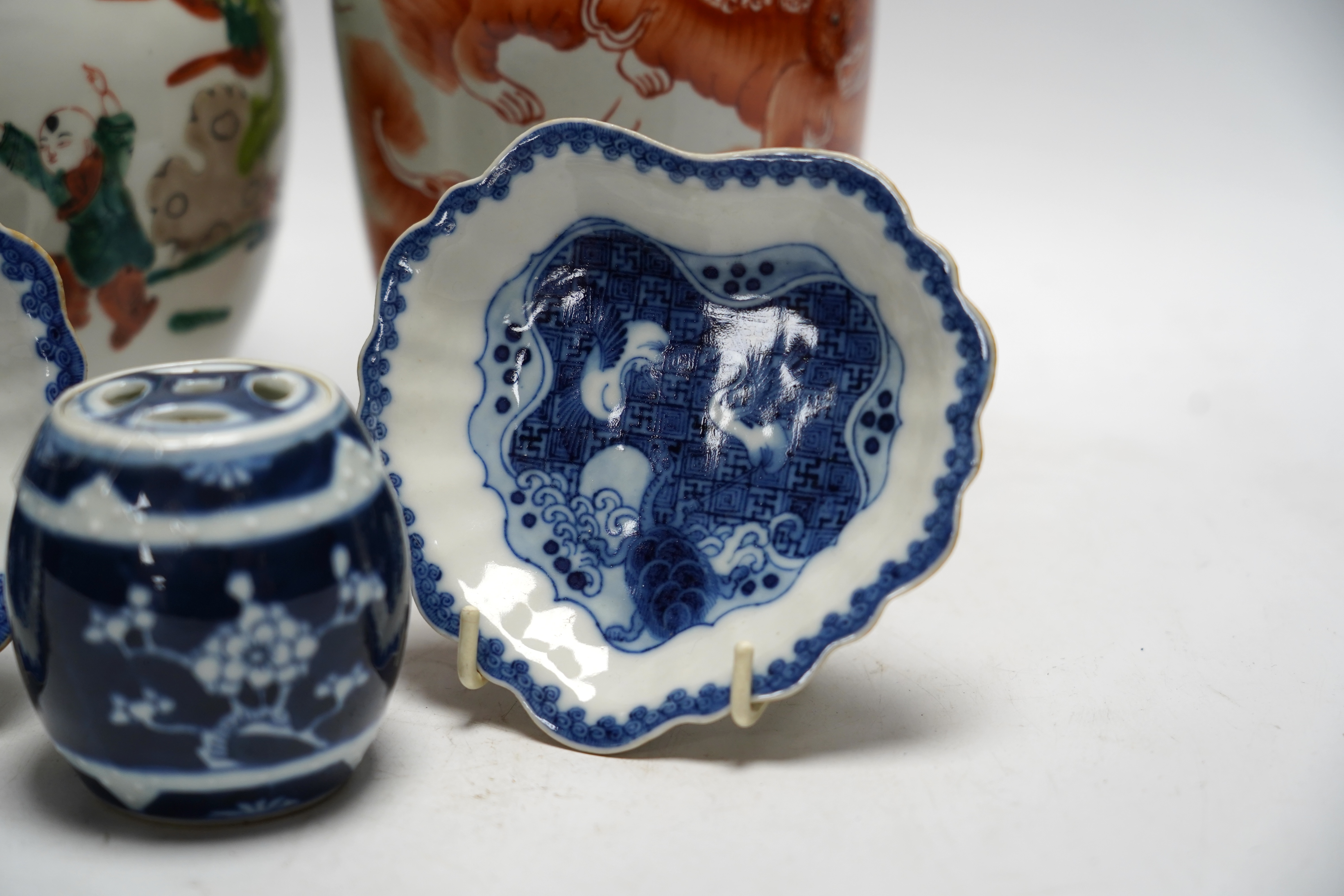 A group of Chinese porcelain including a pair of 18th century blue and white leaf shaped dishes, tallest 25.5cm